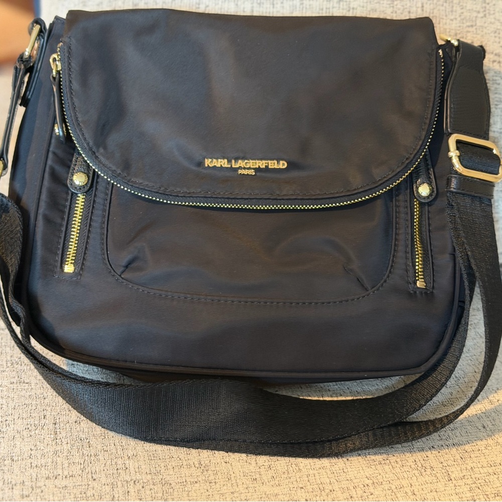 Karl Lagerfeld Cara Black Nylon Crossbody Messenger 12x10